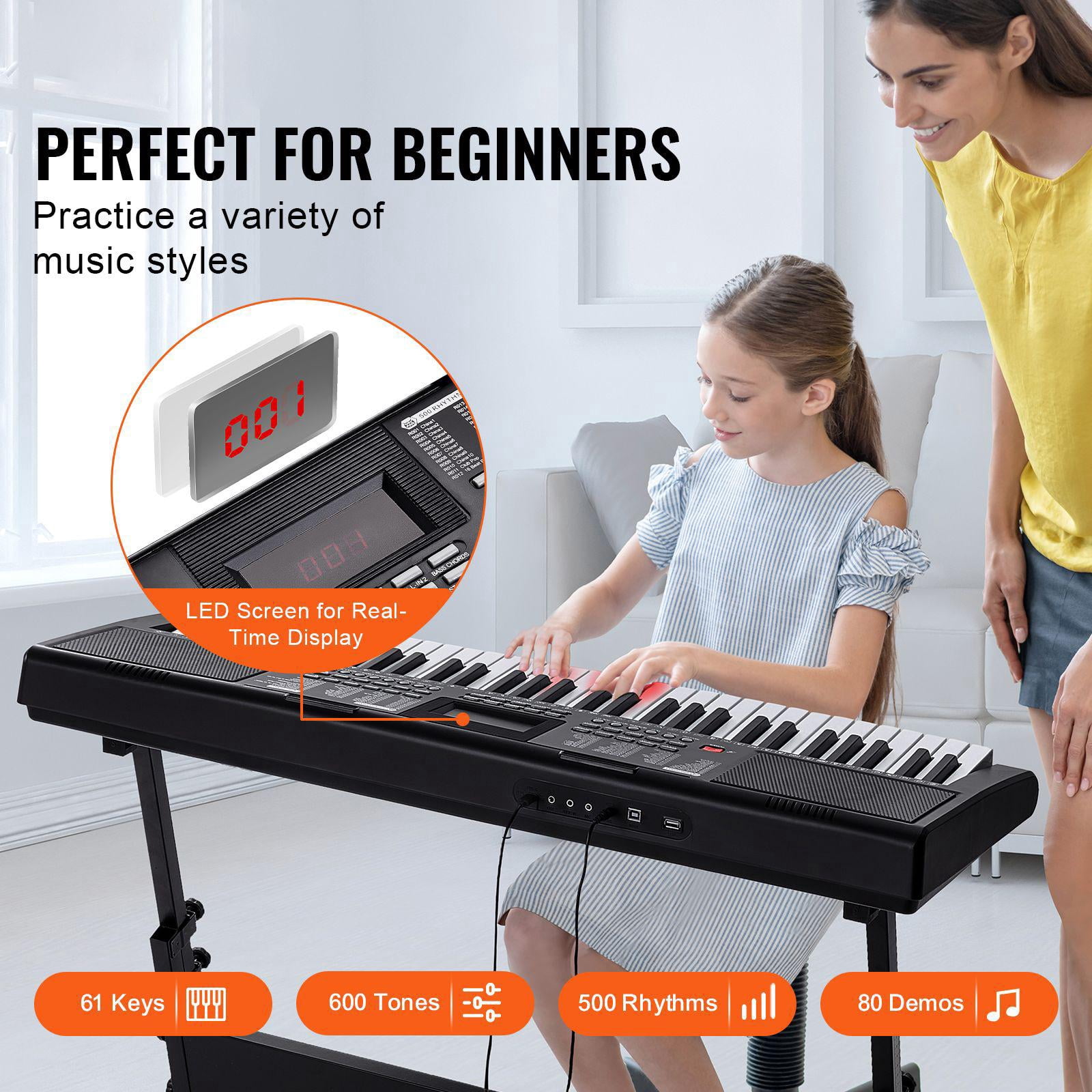 61 Key Digital Piano with Lighted Keys 600 Tones 500 Rhythms Built In Speakers Adjustable Stand Sustain Pedal USB MIDI Portable Electric Keyboard for Beginners