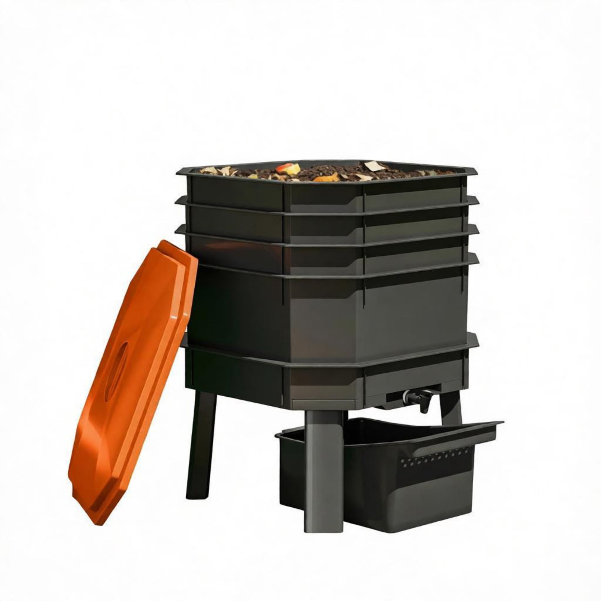 4-Tray Worm Composter Bin, 7.4 Gal Odor-Free, Leak-Proof Indoor & Outdoor Food Waste Recycling, Orange