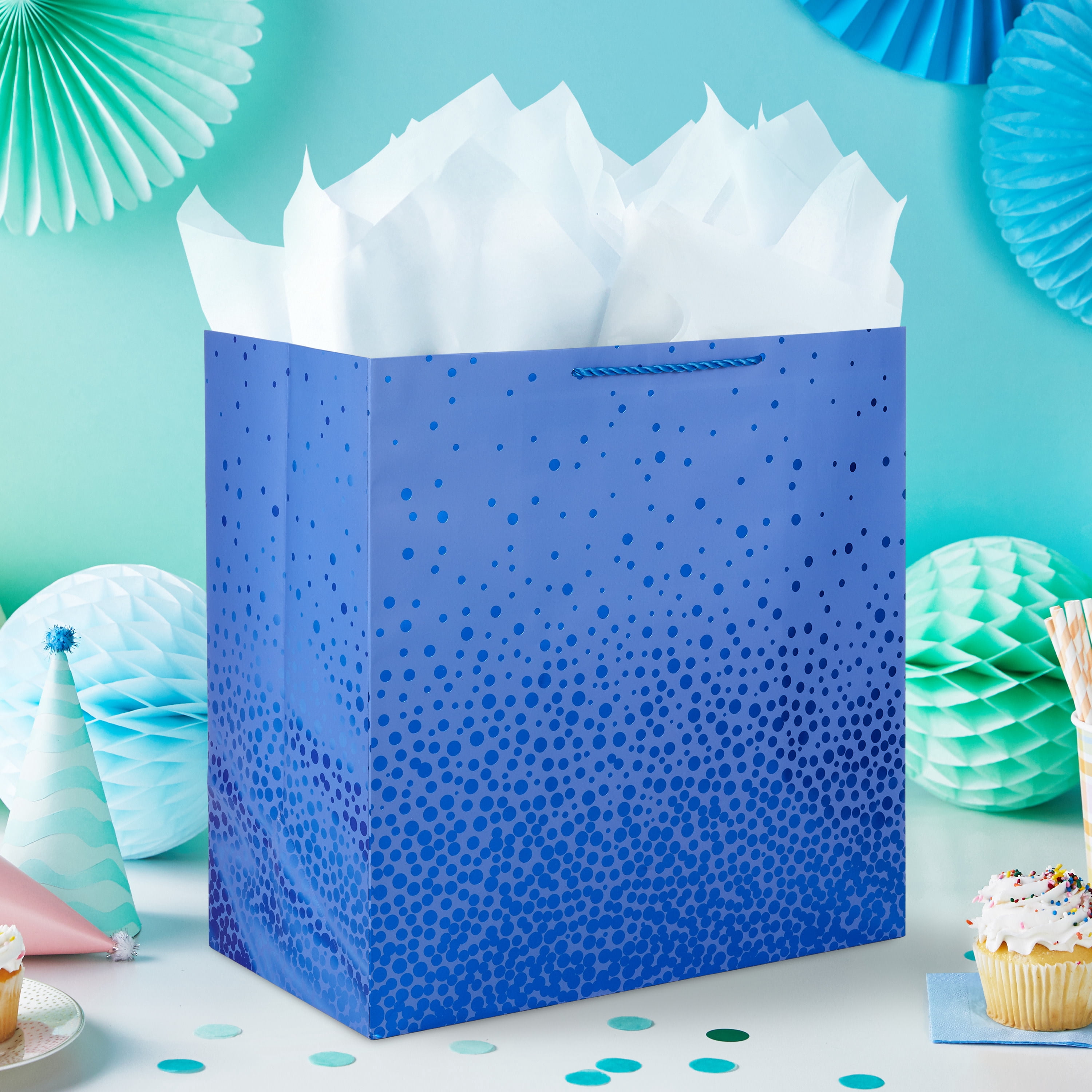 Hallmark Extra-Deep Gift Bag (Blue with Cascading Blue Foil Dots)