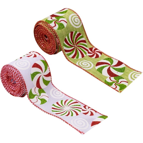 2Pcs Christmas Ribbon Colorful Printed Ribbons Wired Ribbon Gift Packaging Ribbons DIY Craft Fabric for Bow Making Holiday Wedding Decorations Gift Wrapping