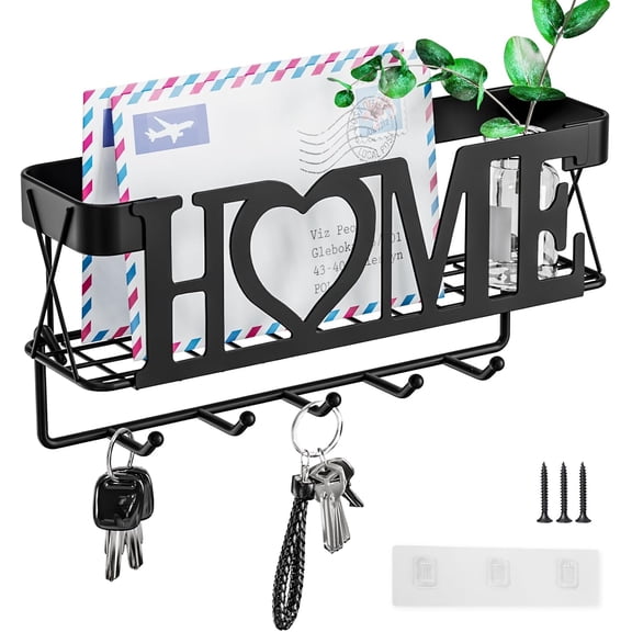 Key Holder for Wall, Key Rack with 5 Key Hooks, Key and Mail Organizer Wall Mount, Mail and Key Holder for Home