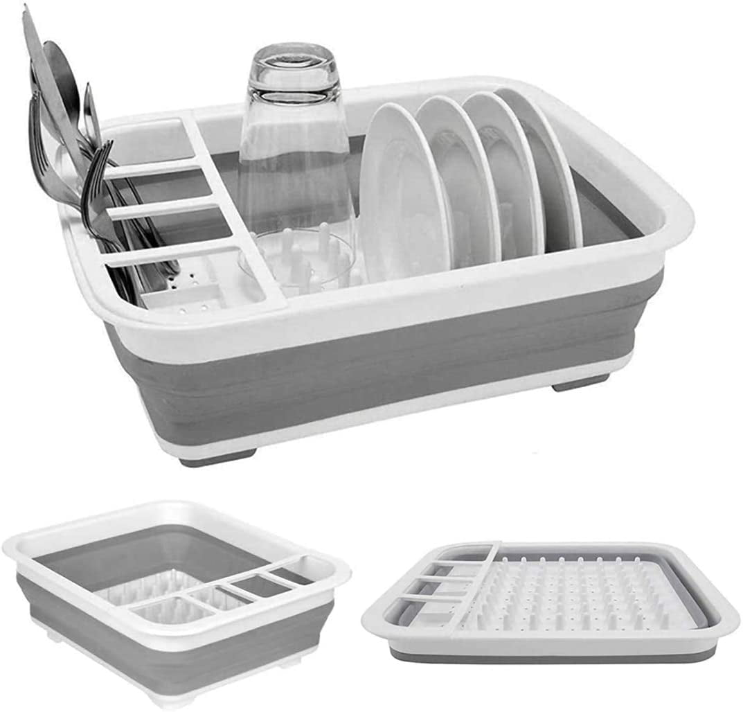 MUSEDAY Collapsible Dish Drainer with Drainer Board Drip Tray Portable Drying Storage Rack Drainer Large Folding Dish Draining Board Small Dish Drainer Grey