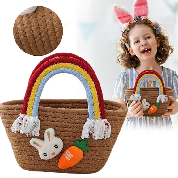 Bunny Basket for Kids, Cute Cotton Tote Bag Hand-Woven Handbag with Rainbow Handles, Easter Egg Hunt Basket Bags for Boys, Girls,Easter gift basket Personalized(Brown)