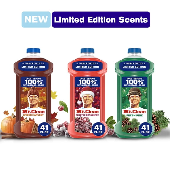 Mr. Clean All Purpose Cleaner, Floor Cleaner, Mop Soap, Cleaning Liquid, Spiced Harvest Pumpkin, Frosted Cranberry, and Fresh Pine
