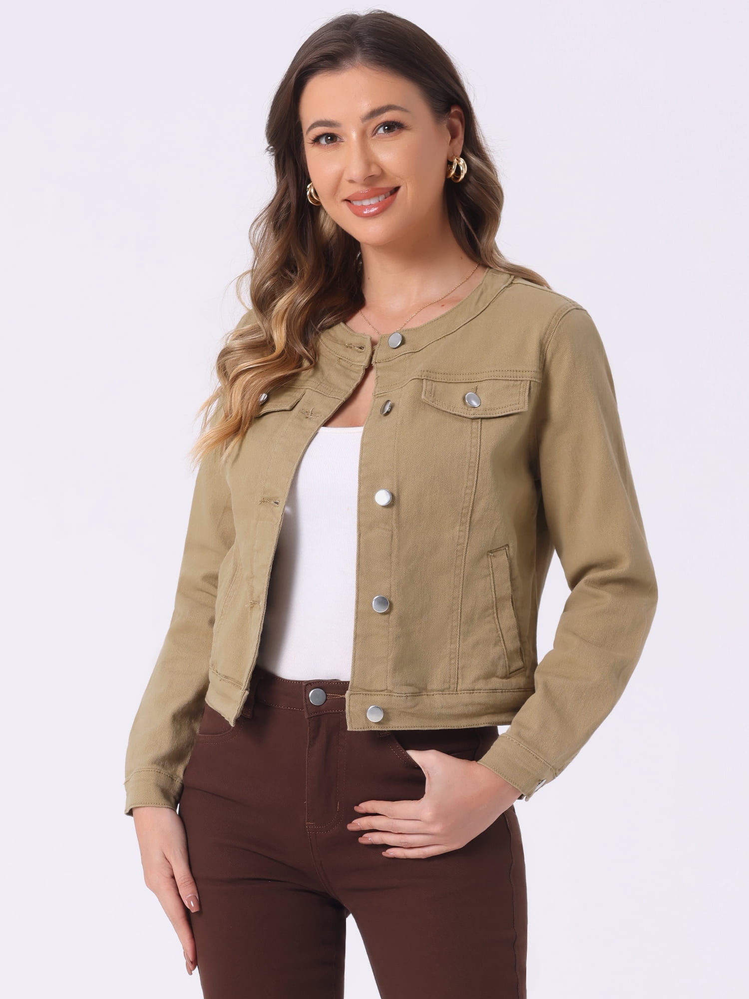 DARING DIVA Women's Button Down Collarless Cropped Denim Jacket M Khaki