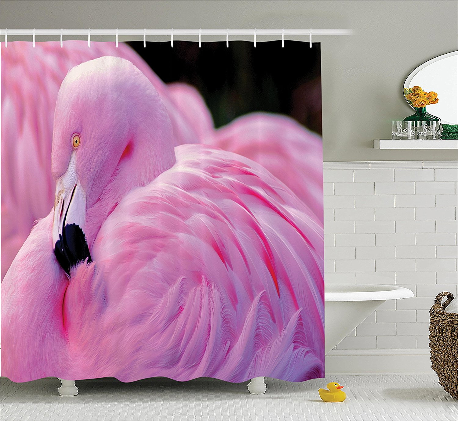 72X72" Flamingo Walking in River Beautiful Shower Curtain Bath Mat Rug Free Hook 