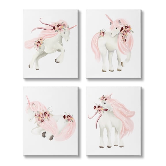 Stupell Industries Pastel Pink Unicorns Fairy Tales & Fantasy Painting Gallery Wrapped Canvas Art Print Wall Art, 11 x 14, Set of 4