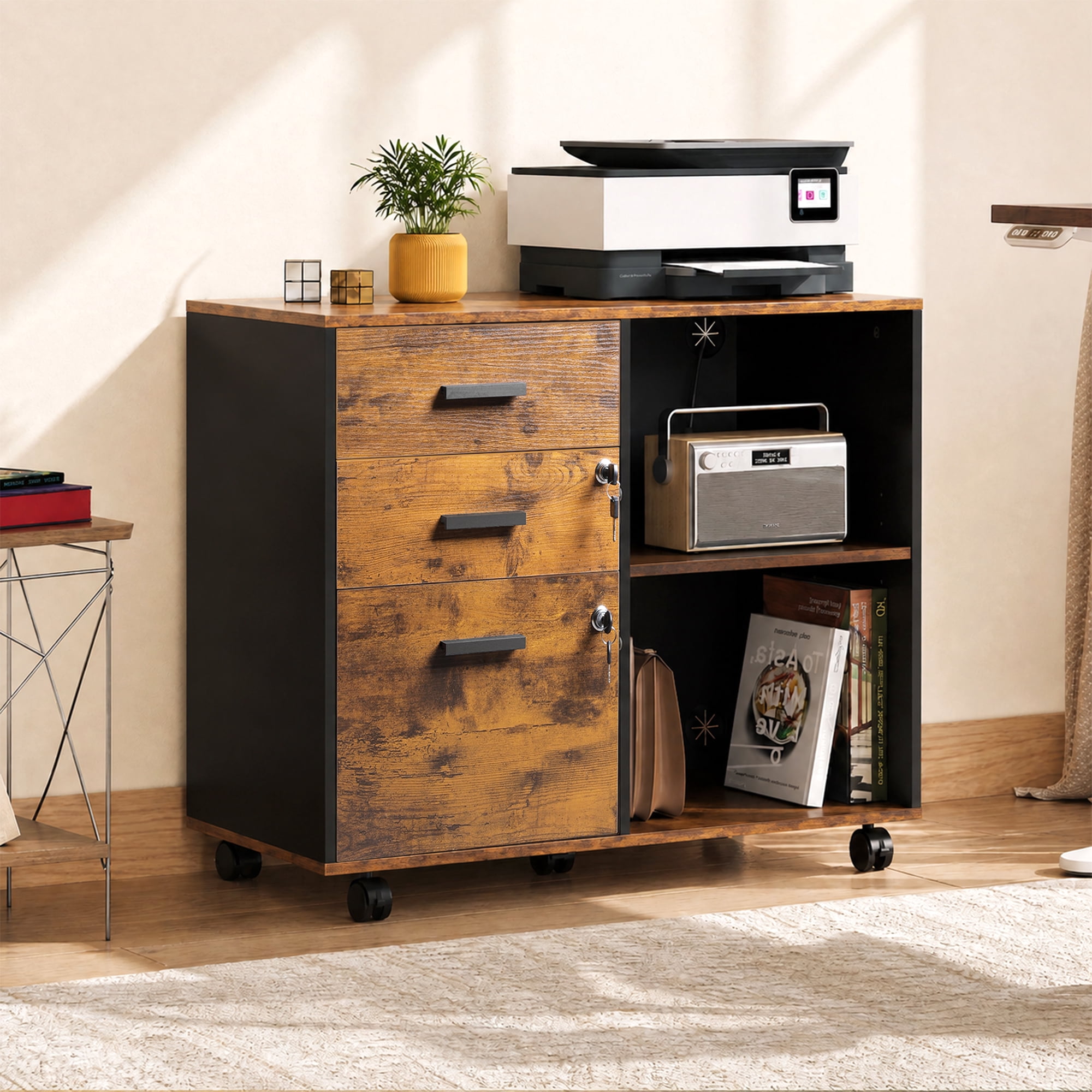 GALAXHERO 3-Drawer Locking Wood File Cabinet, Mobile Lateral Filing Cabinet, Printer Stand with Open Storage Shelves for Home Office, Rustic Brown