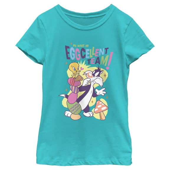 Girl's Looney Tunes Easter Tweety and Sylvester We Make an Eggcellent Team  Graphic Tee Tahiti Blue Medium