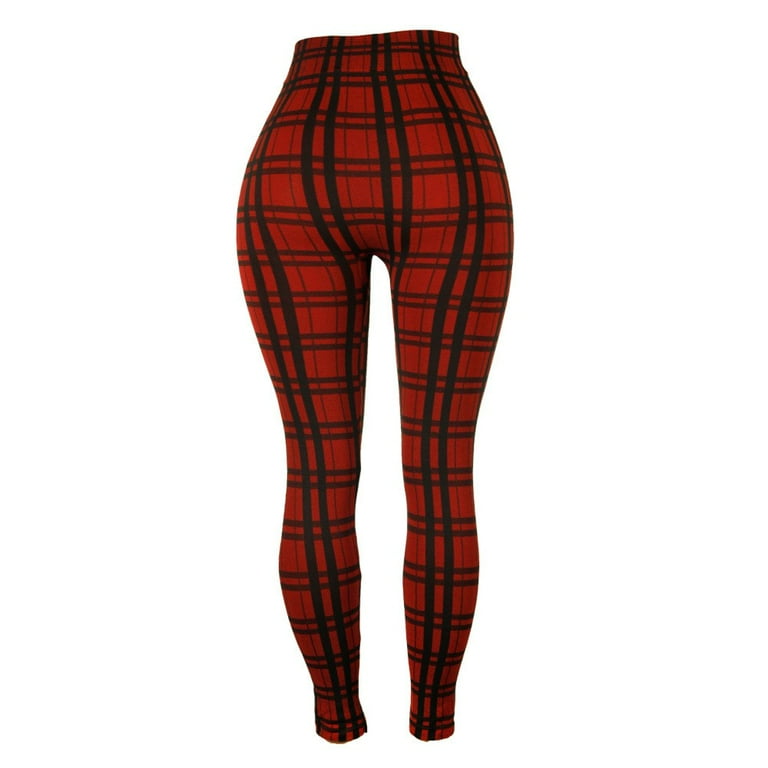 Womens Check Plaid High Waist Leggings Tight Slim Elastic Pants