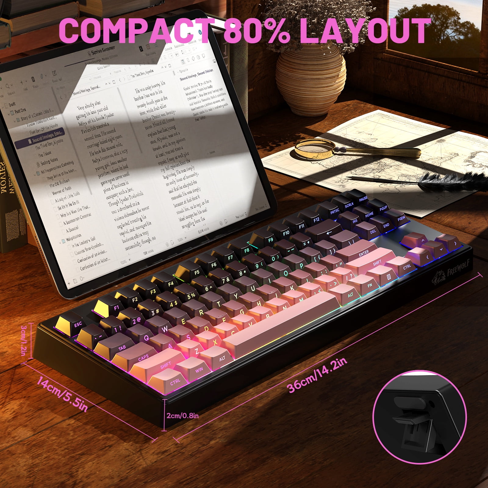 ZIYOU LANG M87V2 Wireless Keyboard, 80% TKL Creamy Keyboard, Low Profile Quiet Typing, Side-Printed PBT Keycaps, RGB Backlit, Pink