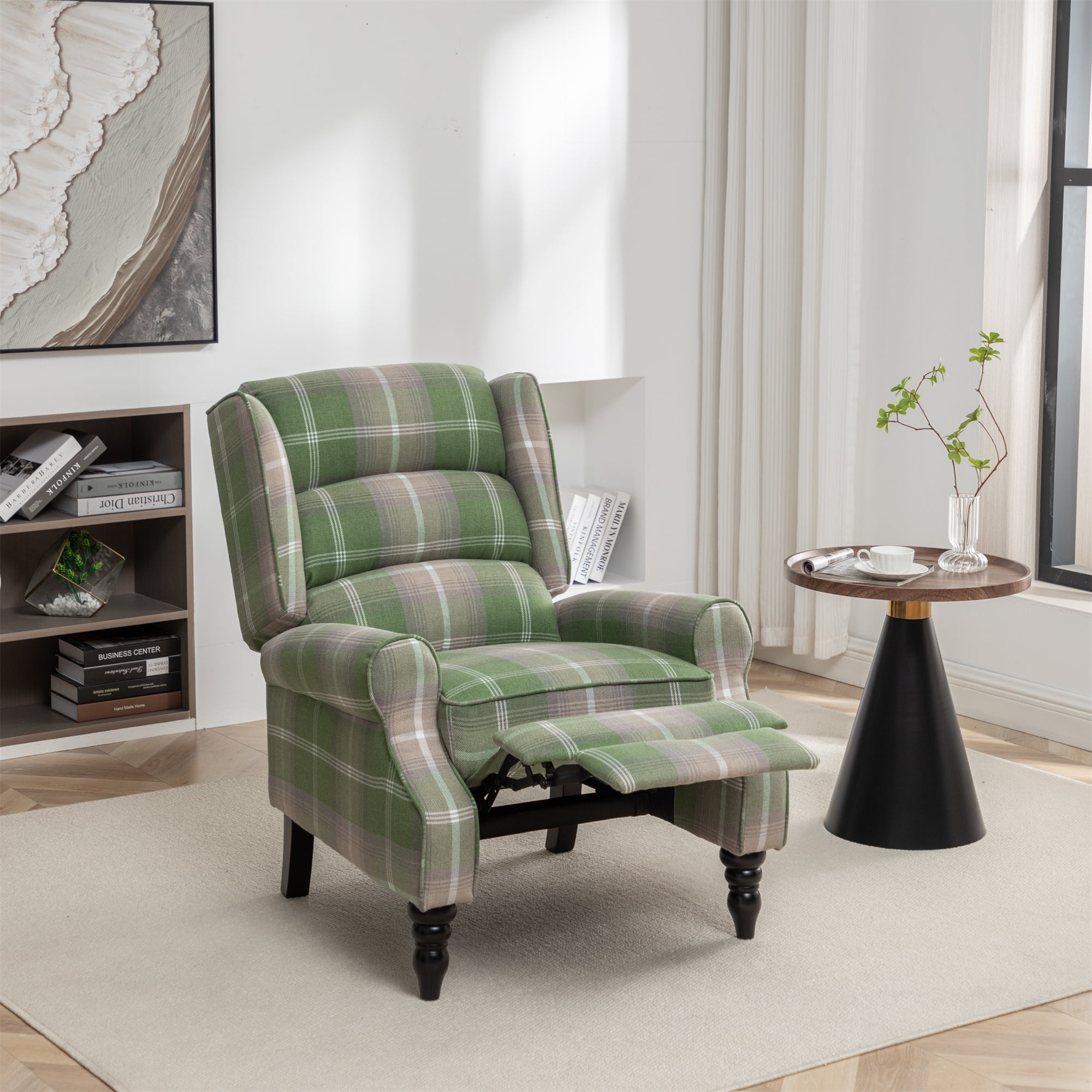Upholstered Wingback Recliner Chair Plaid Recliner Chair Armchair Adjustable Footrest Push Back Reclining Sofa Mid Century Modern Lounge Armchair for Living Room Bedroom Reading Blue Walmart
