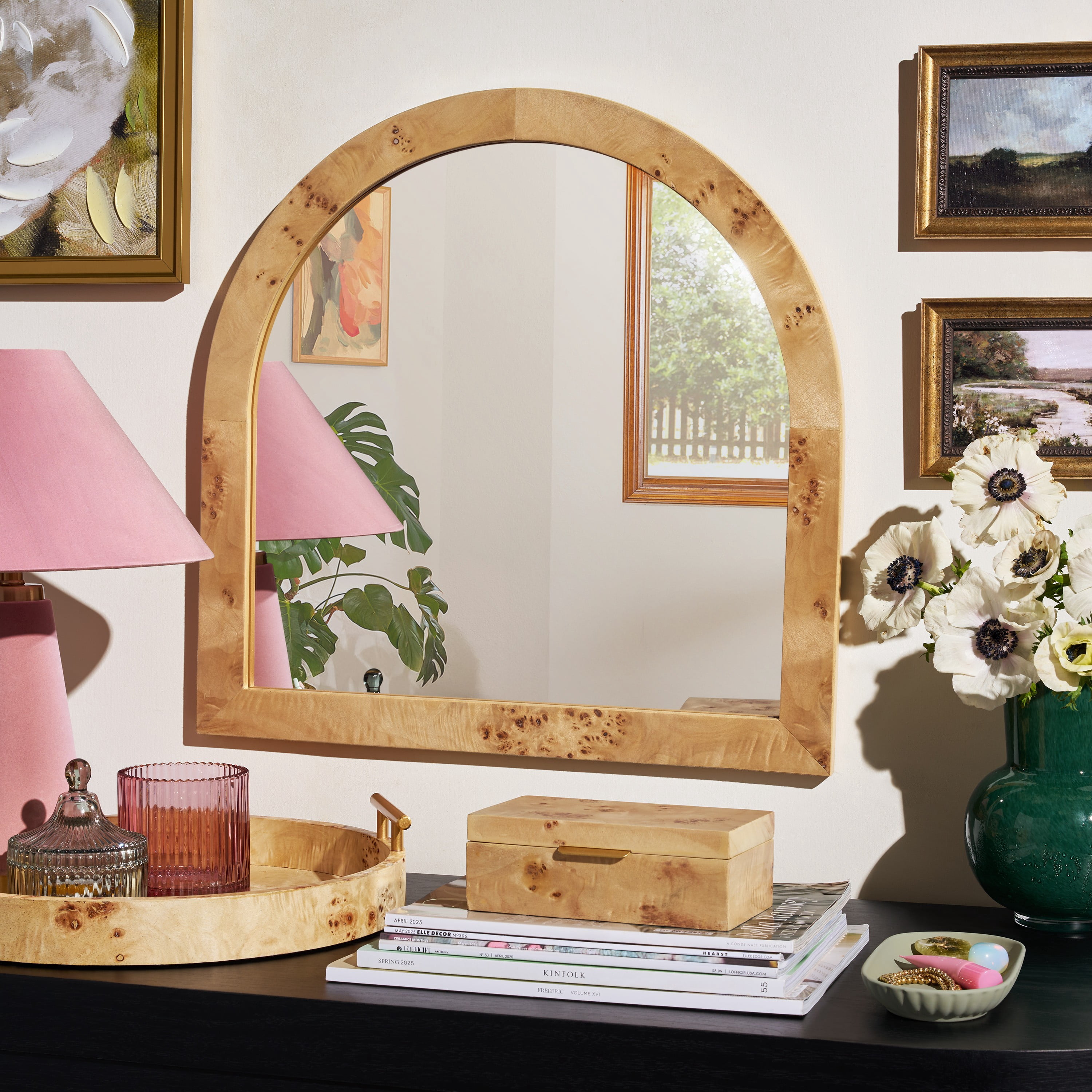 Beautiful Burlwood Arched Boho Vanity Decorative Mirror by Drew Barrymore, 22" Burlwood Bathroom Vanity Mirror for Wall, Bedroom and Entryway