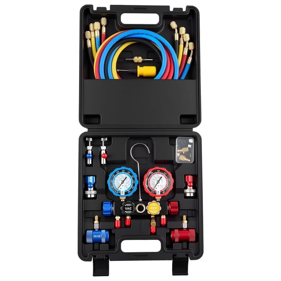 AC Manifold Gauge Set for R134a R404A R1234yf R22 Refrigerant, 4 Way AC Gauge with 5 ft Hoses, Adapters, Quick Couplers, Can Taps for Automotive Air Conditioning Maintenance, Charging Evacuation