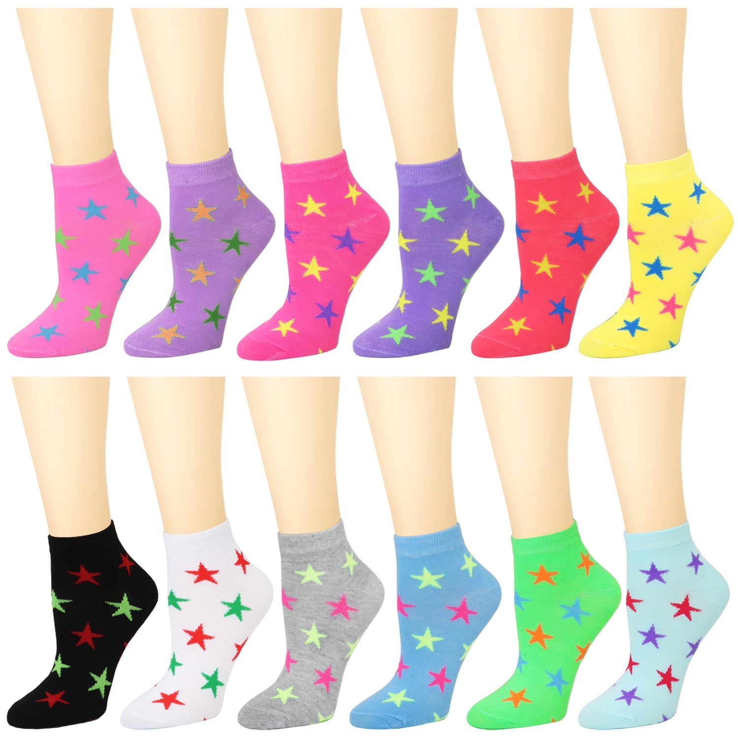 12 Pairs Stars Assorted Colors Women's Ankle Socks Size 9-11