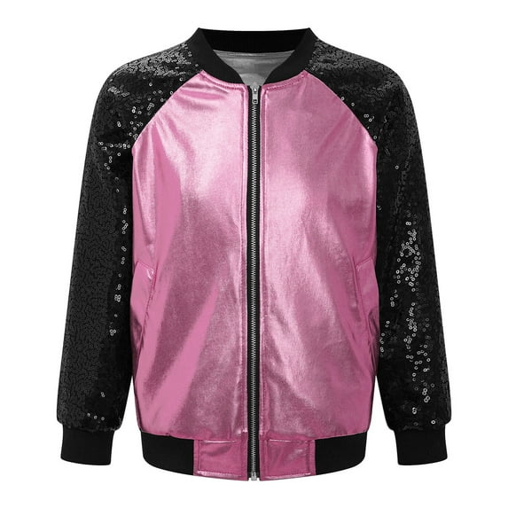 YONGHS Girls Sequins Metallic Zip Up Bomber Jacket Shiny Flight Jacket Coat 70's Disco Costume Clubwear Pink 12