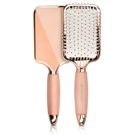Navaris Paddle Brush Large Detangling Styling Hairbrush for All Hair Types with Conforming Comfort Gel Handle Metallic Rose Gold