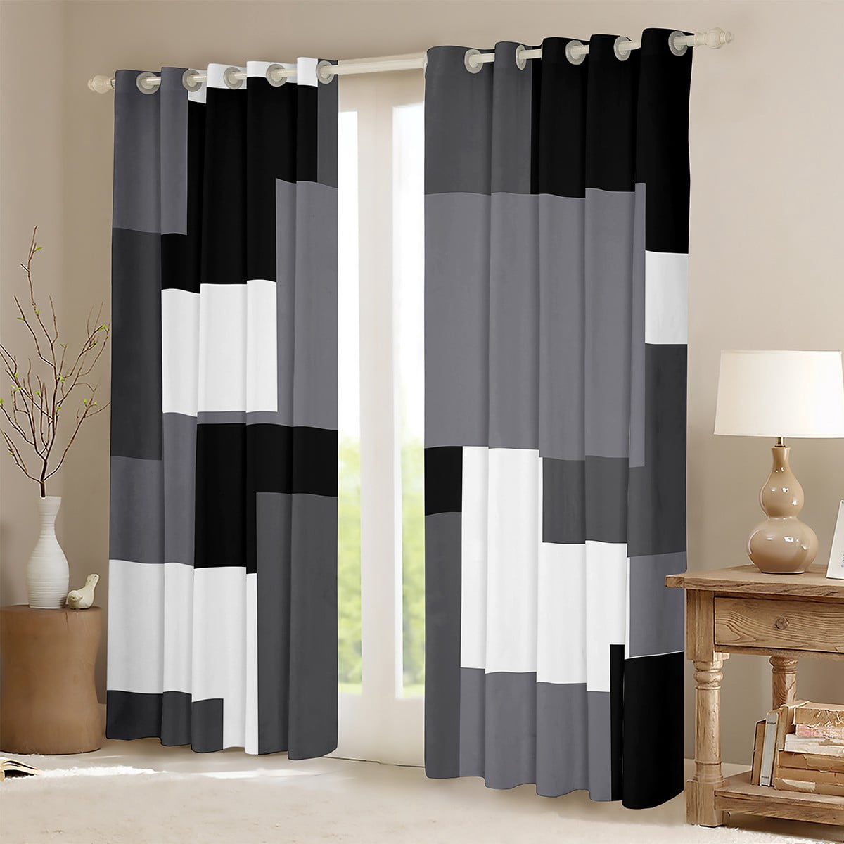 Erosebridal Abstract Plaid Curtains Pack of 2 (42Wx63L),Sqare Rectangle Black Out Curtains,Geometric Grid Curtains for Living Room,Geometry Room Decorative