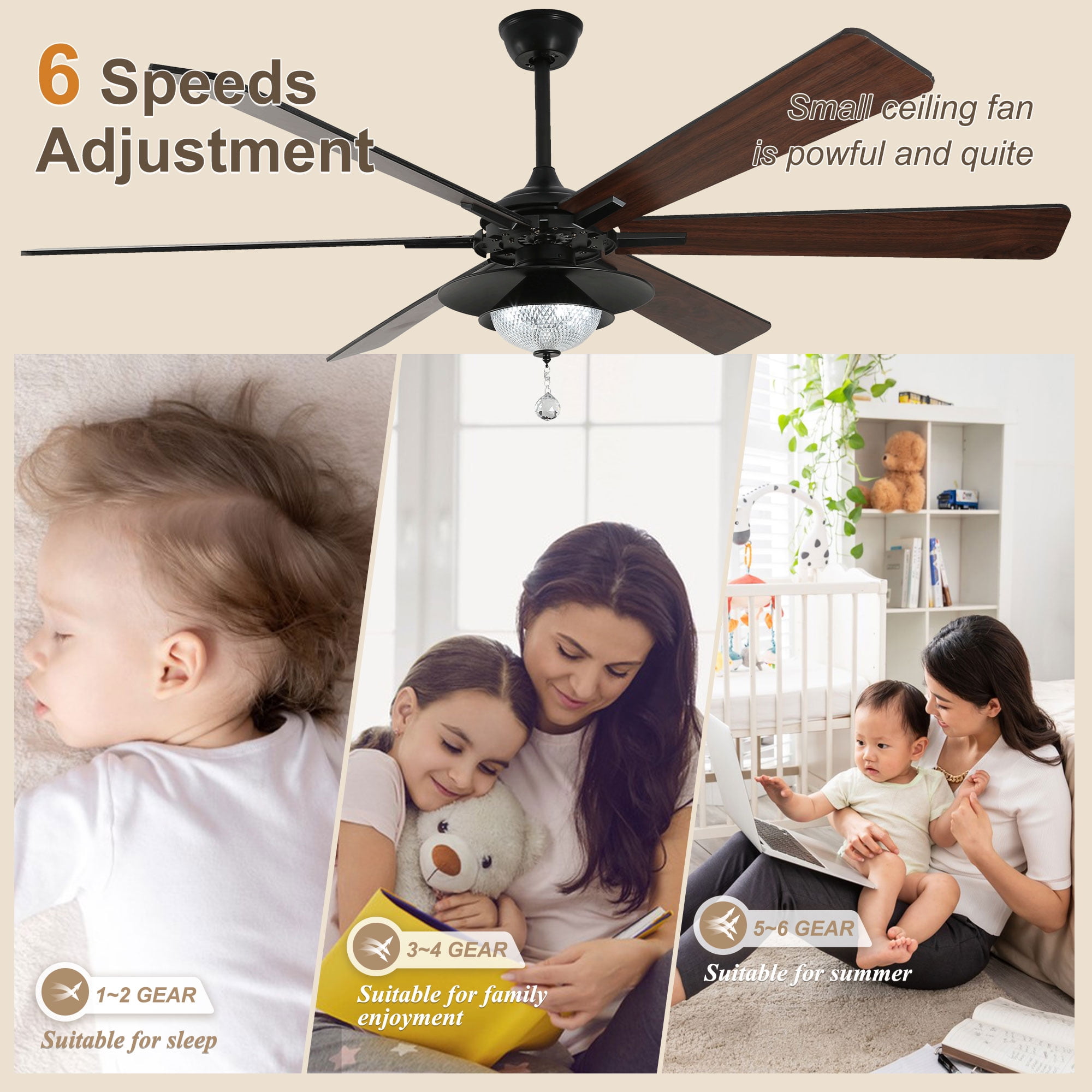 Bella Depot 72" Modern LED Ceiling Fan 6-Speed Reversible Chandelier With Dimmable Light and Remote Control