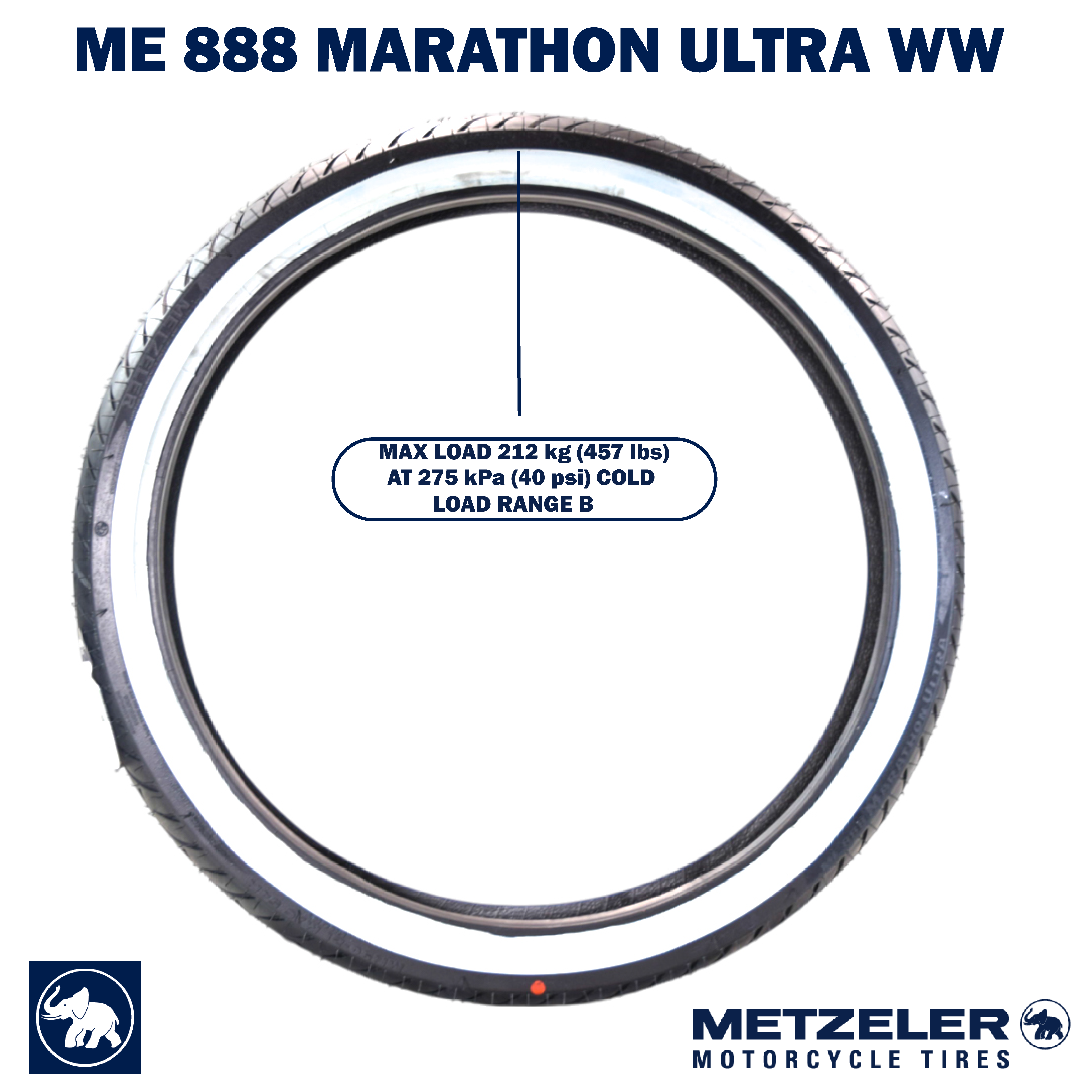 Metzeler ME 888 Marathon Ultra White Wall MH90-21 Front Tire with Keychain