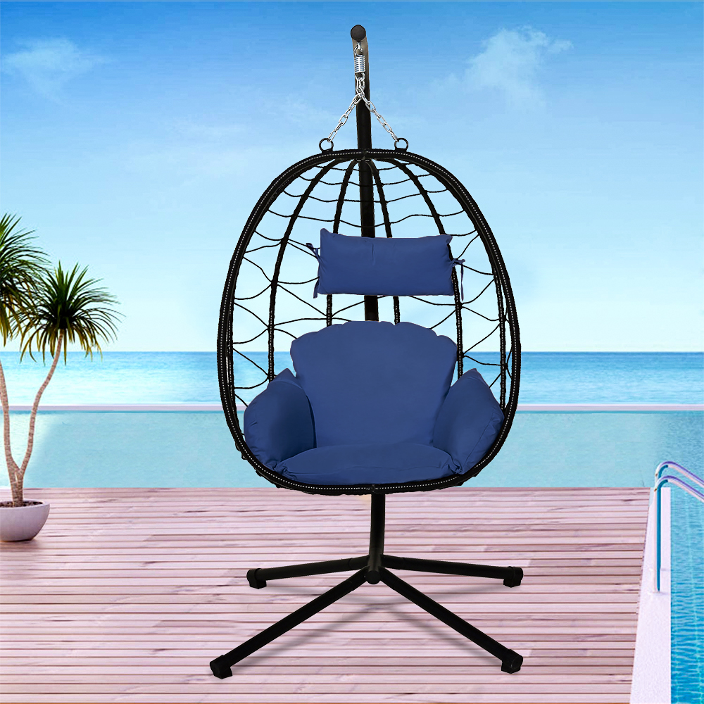 Patio Outdoor Egg Chair, Wicker Hanging Egg Chair with Navy Blue Cushion, Hanging Egg Chair with Stand, Swinging Egg Chair for Indoor Bedroom Garden Balcony, Patio Furniture Lounge Chair Set, W8046 - image 3 of 8