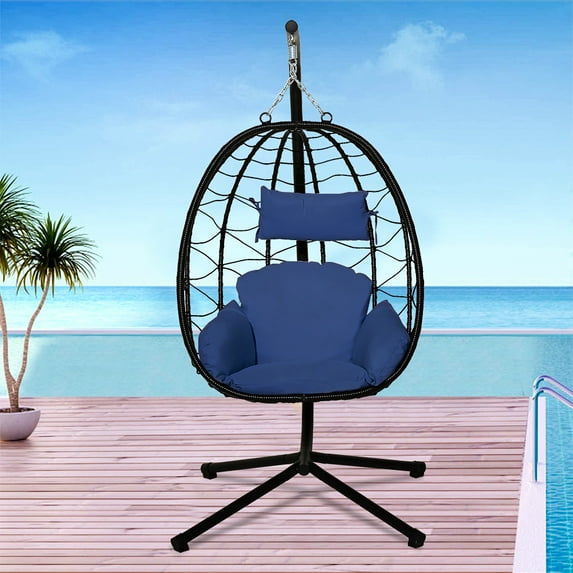 Outdoor Patio Furniture, Hanging Egg Chair with Stand, Rattan Wicker Egg Hammock Chair with Hanging Kits, Swinging Egg Chair for Indoor, Bedroom, Patio, Garden, Balcony, Navy Blue Cushion, W11032