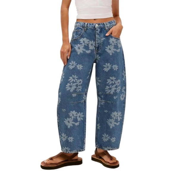 ZToonmas Women's Vintage Print Denim Trousers Mid Rise Wide Leg Barrel Jeans with Pockets for Casual Outings