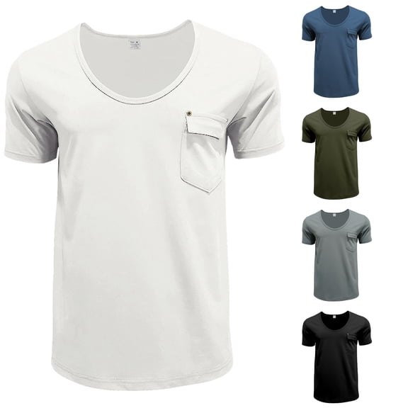 NinXxx Men's V Neck Solid Large Casual Short Sleeve Pocket Tee White XL