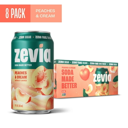 Zevia Zero Sugar, 0 Calorie Peaches and Cream Soda Pop, 12 fl oz, 8 Pack