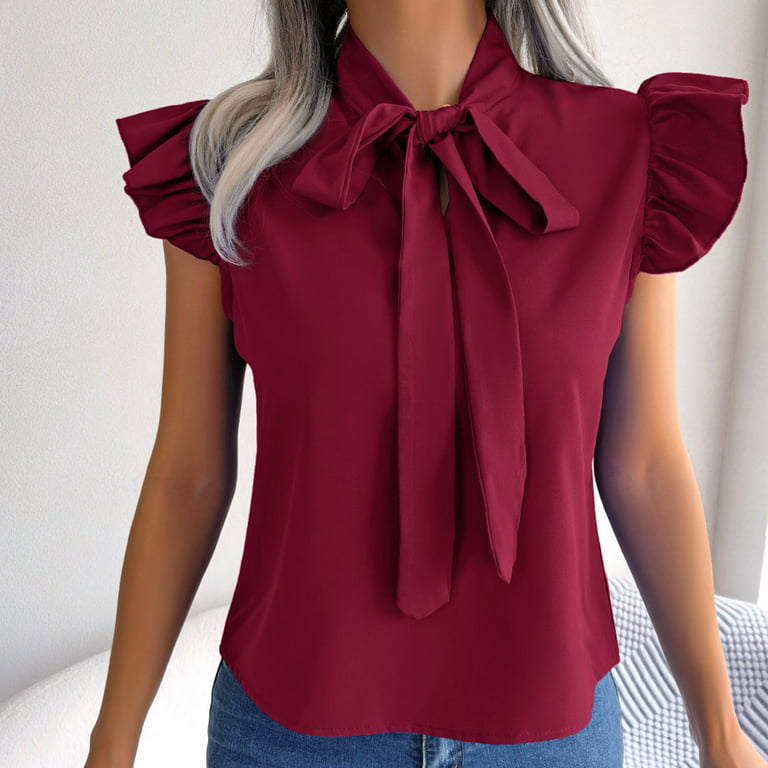 RQYYD Women's Casual Bow Tie Neck Ruffle Trim Cap Sleeve Blouse Summer  Solid Color Office Work Chiffon Shirt Tops(Wine,L) 