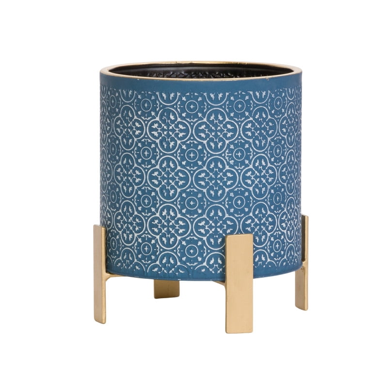 Modern Metal Planter Pot With 4-Leg Gold Metal Base - Blue - 10"H x 9"W