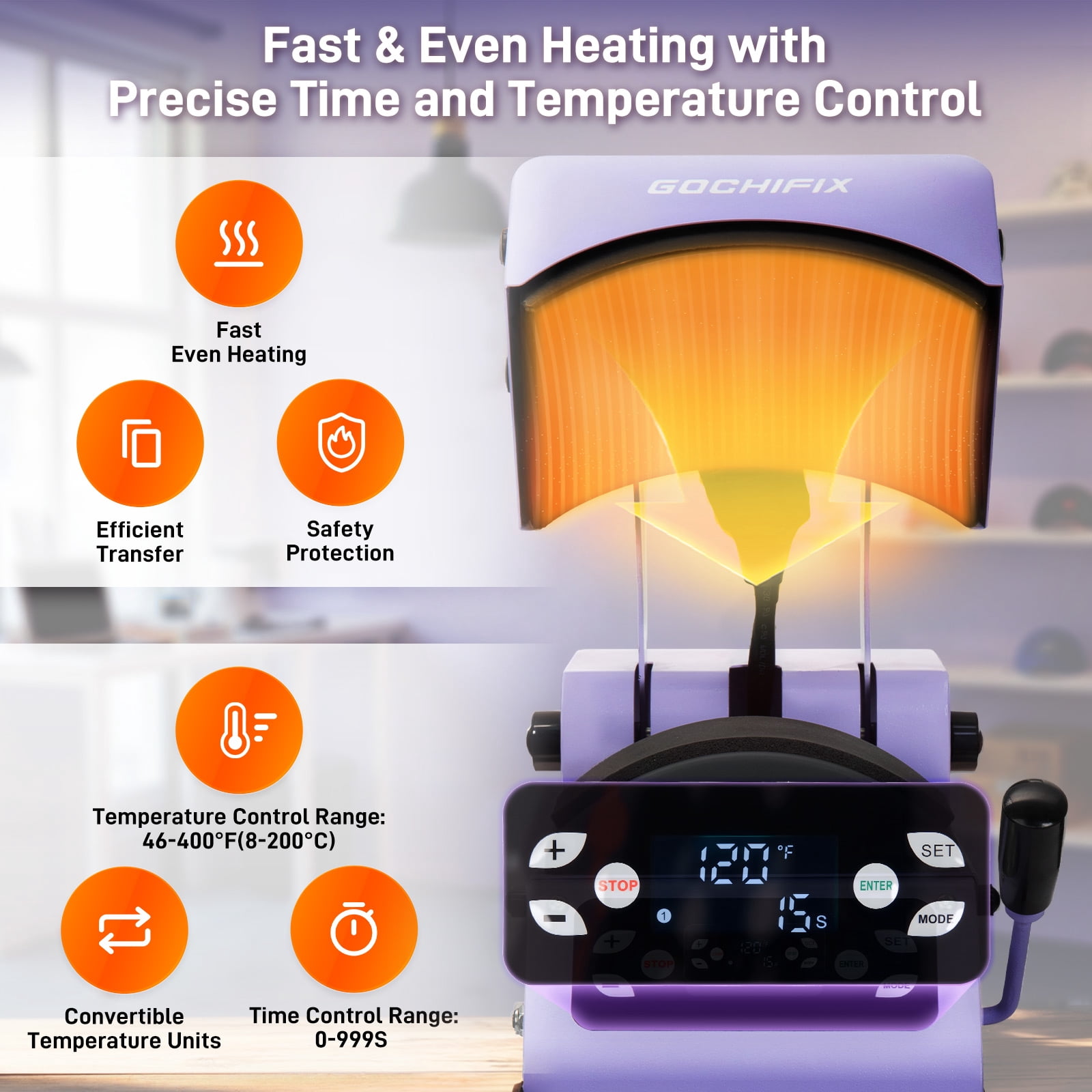 Hat Heat Press Machine,GOCHIFIX Automatic Hat Heat Press with 2pcs Interchangeable Platens for Caps Hats T-Shirts and HTV Iron On and Sublimation Projects,Purple