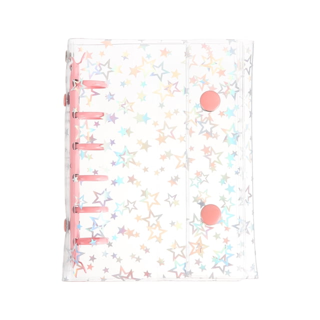 Cubierta de carpeta A7 Uxcell, 6 anillos, patrón de estrellas brillantes, PVC suave, protector de hojas recargable con 2 botones a presión