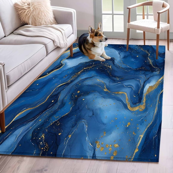 Blue Marble Area Rug 3x5 FT, Non Slip Entryway Bedside Carpet, Ink Painting Modern Ombre Abstract Washable Soft Floor Carpet Indoor Mat Non-Shedding Throw Rugs for Dorm Kitchen Home Office