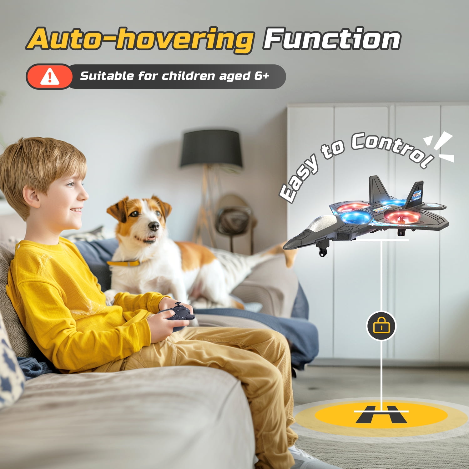 Foam RC Plane Drone for Kids, Remote Control Airplane Fighter Jet with LED Light, Auto Hover, 360°Flip, 2 Batteries (16 Mins Flight), Easy to Fly for Beginners