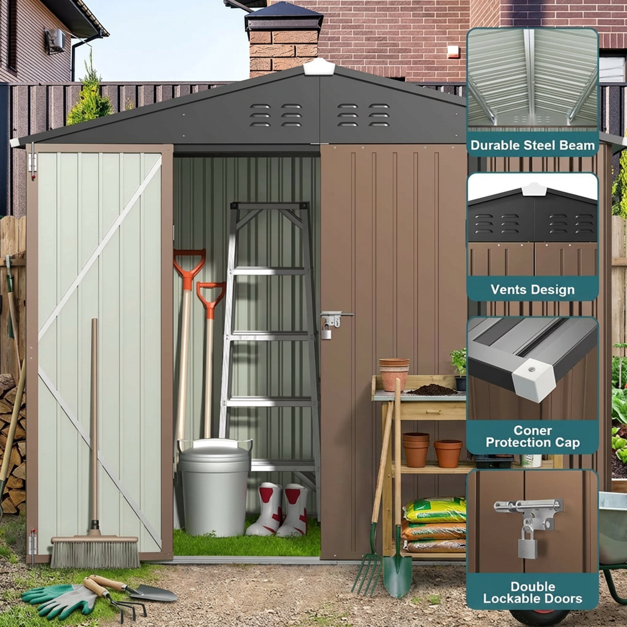 8' x 6' Outdoor Storage Shed with Lockable Double Doors, Weather-Resistant Iron Shed for Garden & Backyard, Brown