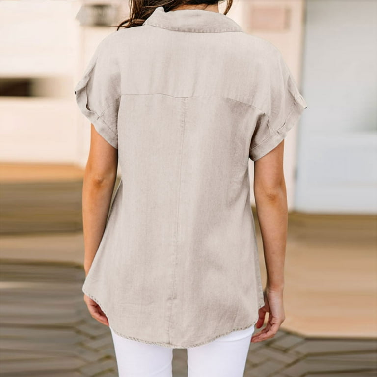 JDEFEG Long Sleeve Undershirts for Women V Neck Short Sleeve Shirt Casual  Vacation Loose Elegant Top Ladies Button Shirts Polyester Khaki M