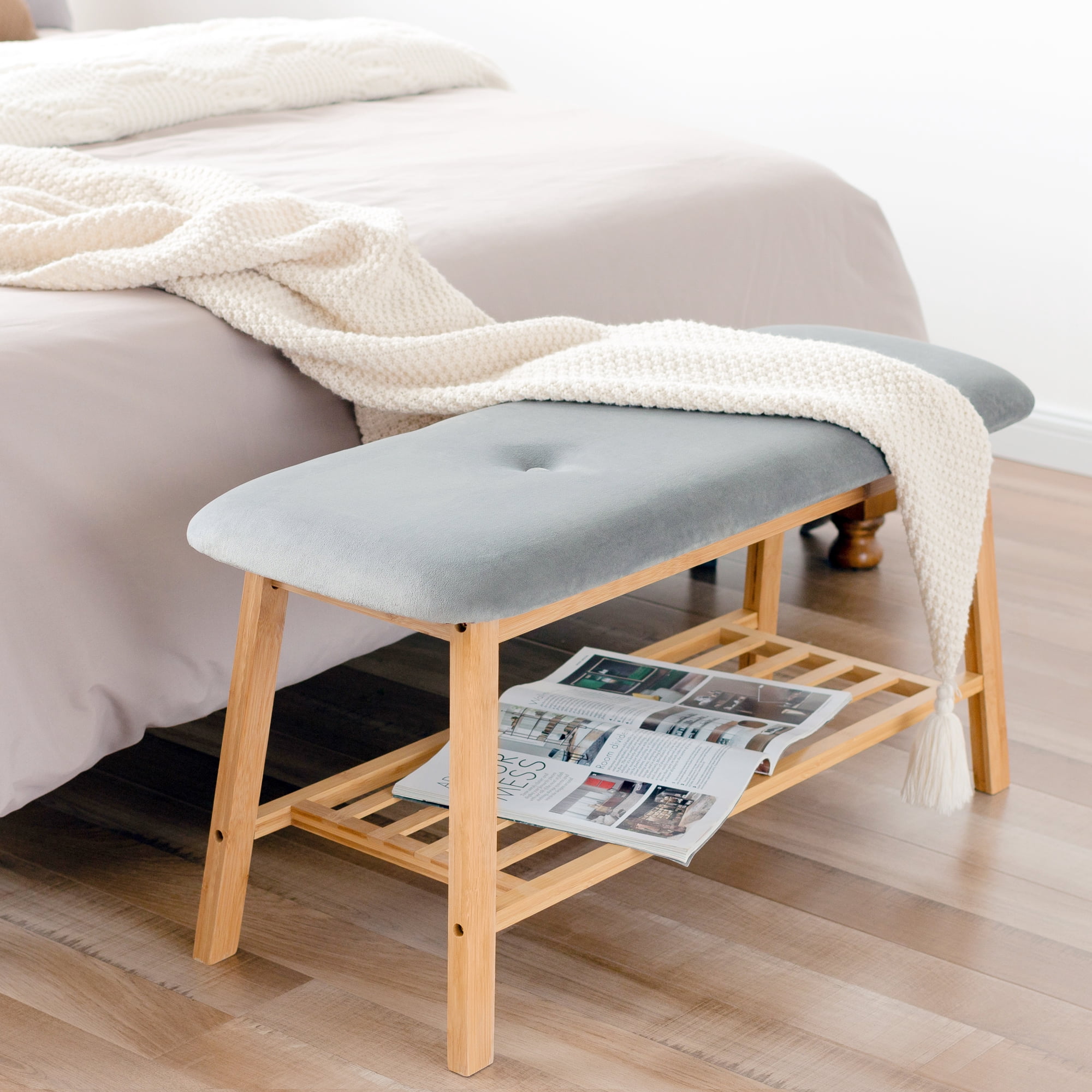 Tufted Fabric Bench Ottoman Bench, Gray