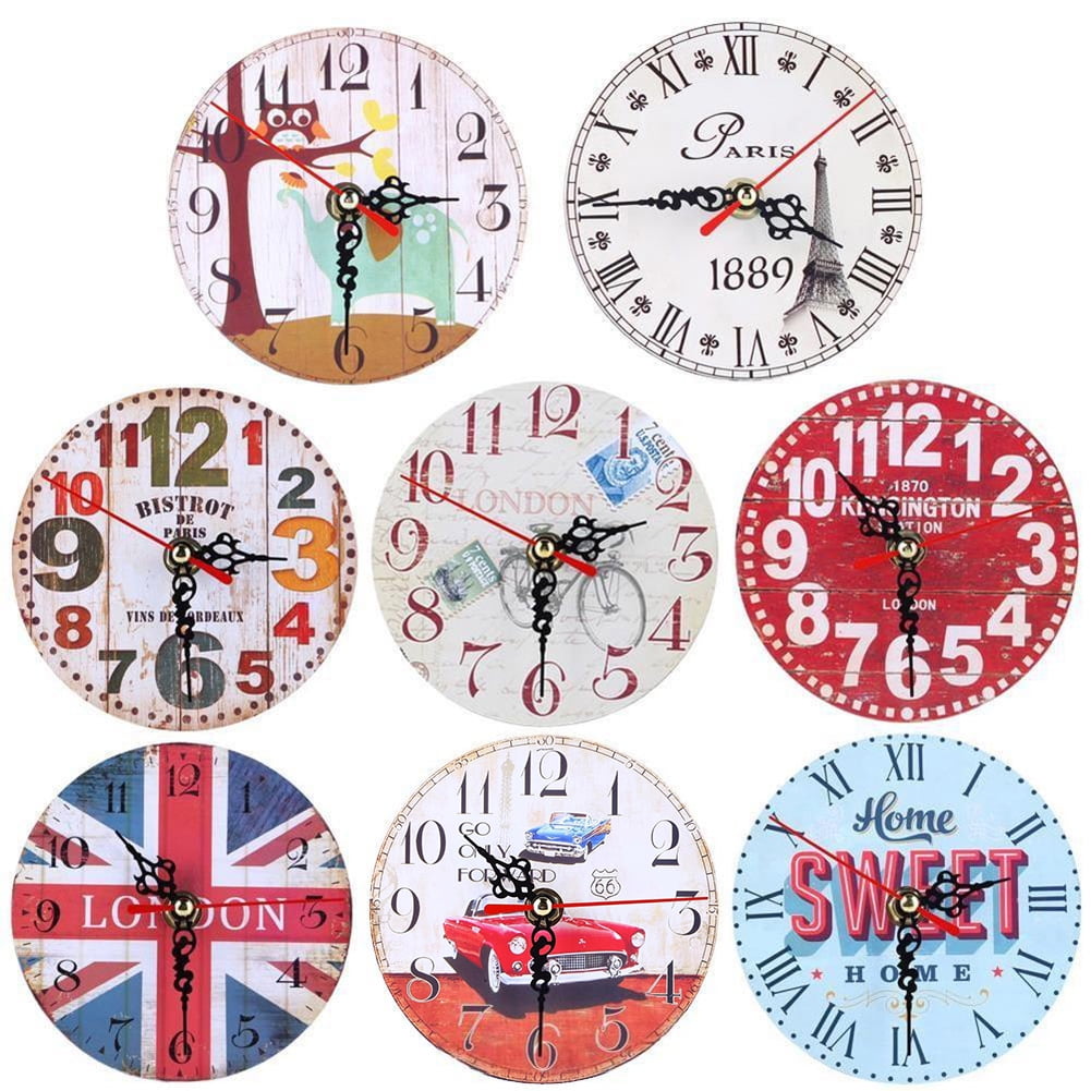 Retro Round Wooden Wall Rustic Clock Red Cock Home Office Bar Wall Decoration 