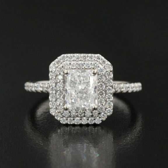 Blue Jewelry 14K White Gold Plated Diamond Ring - Excellent 1.9 Ct Oval Cut Moissanite Ring - Engagement Double-Halo with Multi Accent Rings for Women's - Birthday for Her