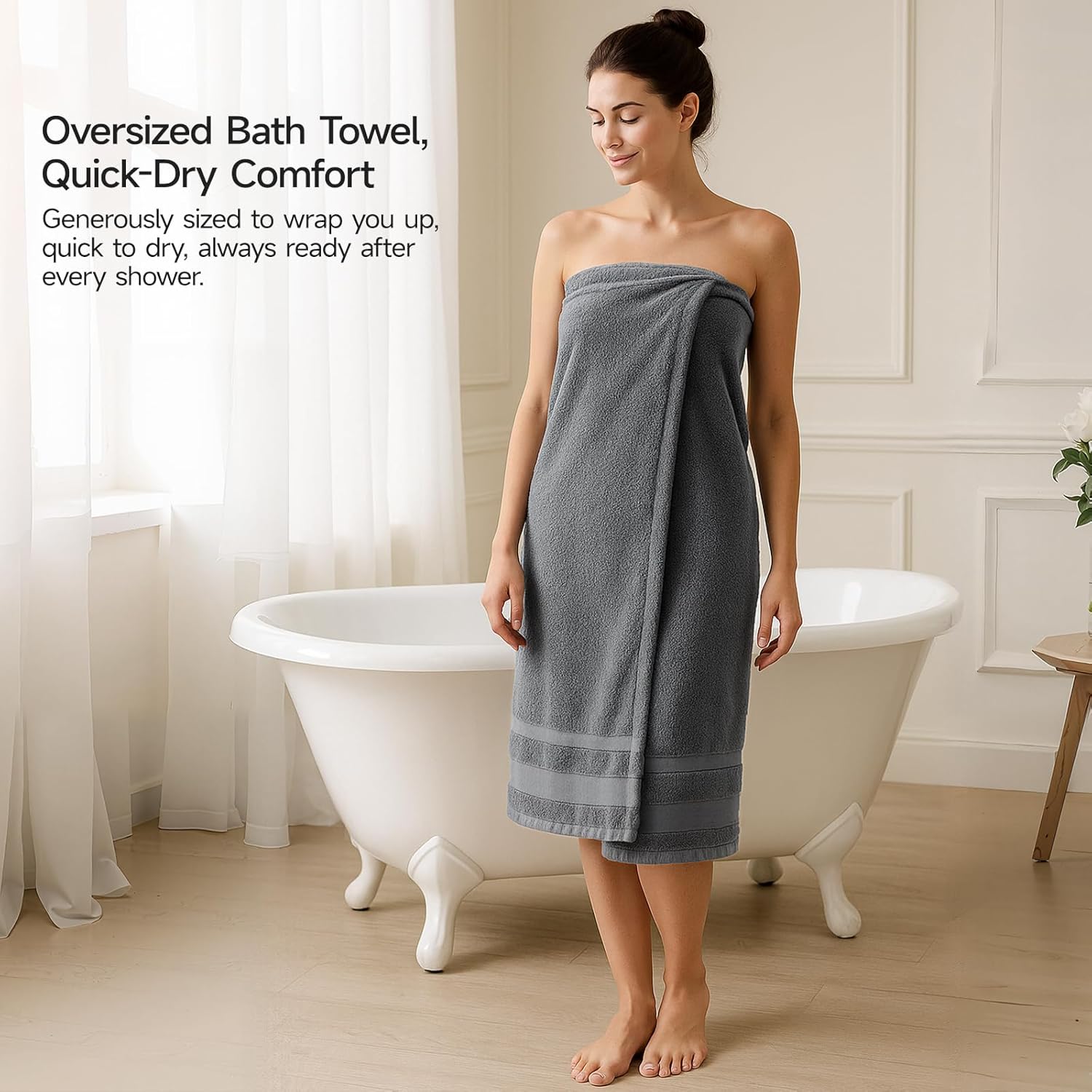 2-Piece 800GSM Oversized Cotton Bath Towels, 35x70in, Quick Dry, Ultra Soft, Super Absorbent, Grey