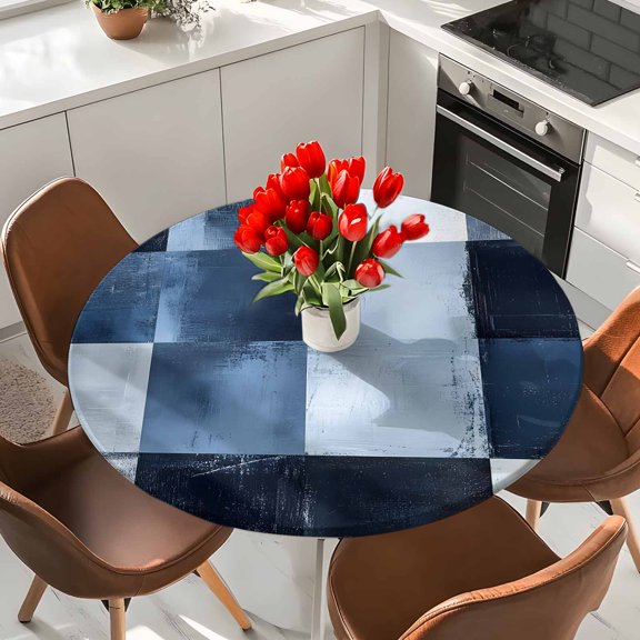 Ombre Navy Blue Elastic Fitted Round Tablecloth Modern Abstract Art Waterproof Outdoor Table Cover for Holiday Party, Picnic, Patio & Dining Fits Tables Up to 36"-44"