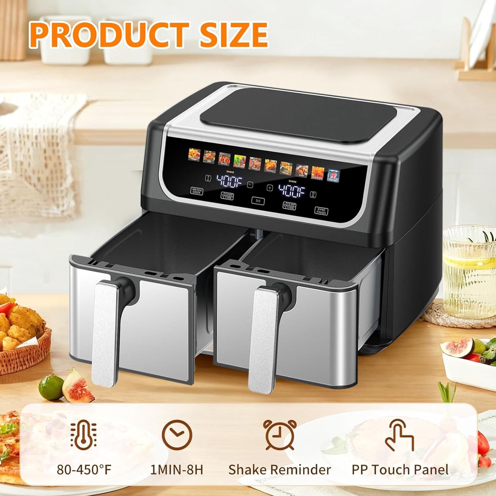 Casabay Dual Basket Air Fryer, 9.5 Qt Large Capacity Oven, 10-in-1 Functions, 1700W Touch Screen Dual Zone Temperature Control & Timer for Baking, Roasting, Reheating, Black
