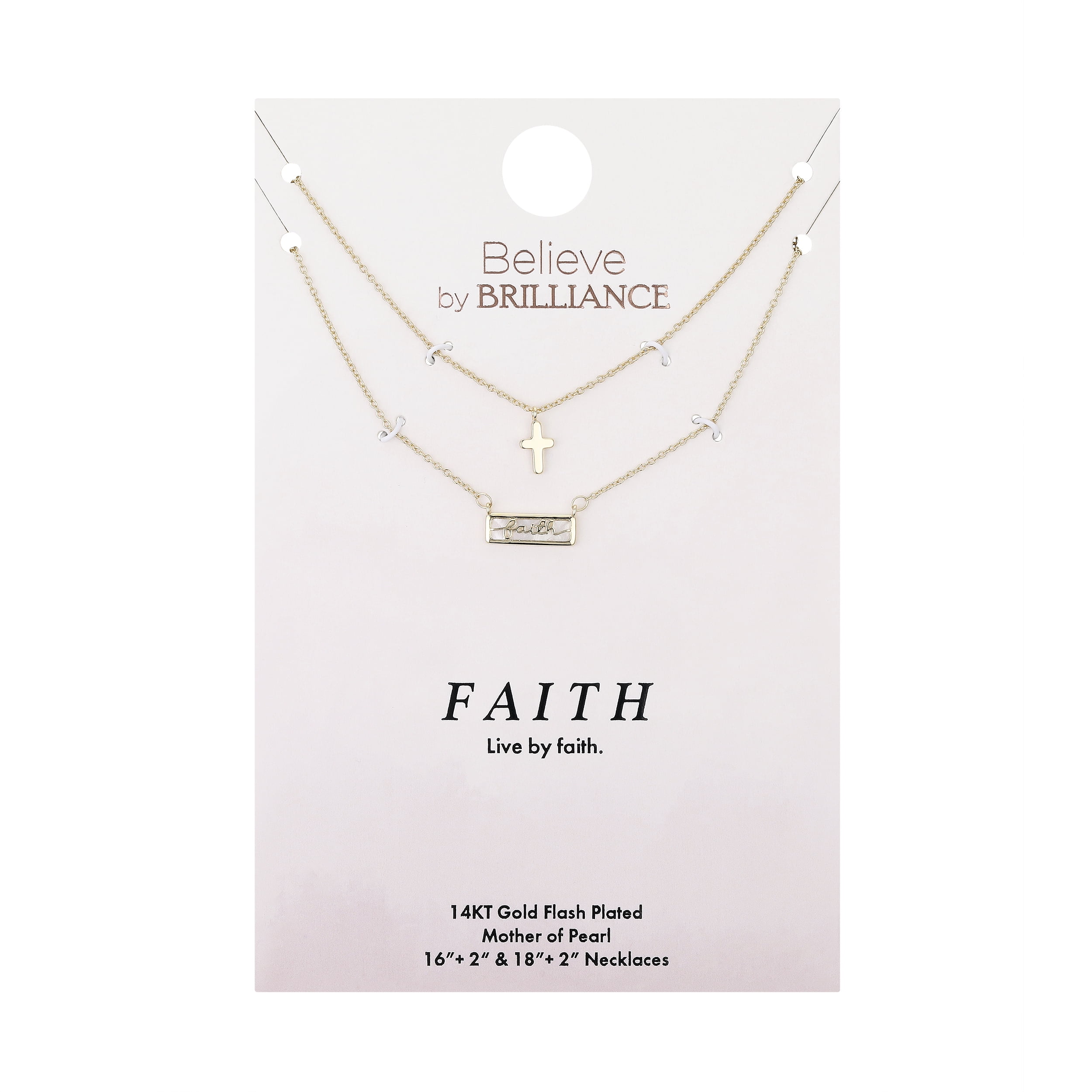 Believe by Brilliance Women's 14Kt Gold Flash Plated Mother of Pearl Faith Cross Layered Pendant Necklace, 16+2" & 18+2" Extender