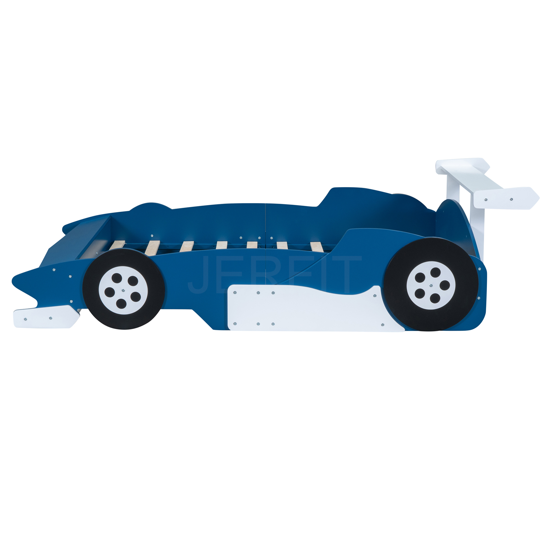 JERFIT Full Size Race Car Platform Bed with Wheels, Blue, Sturdy Plywood Frame for Modern Bedrooms