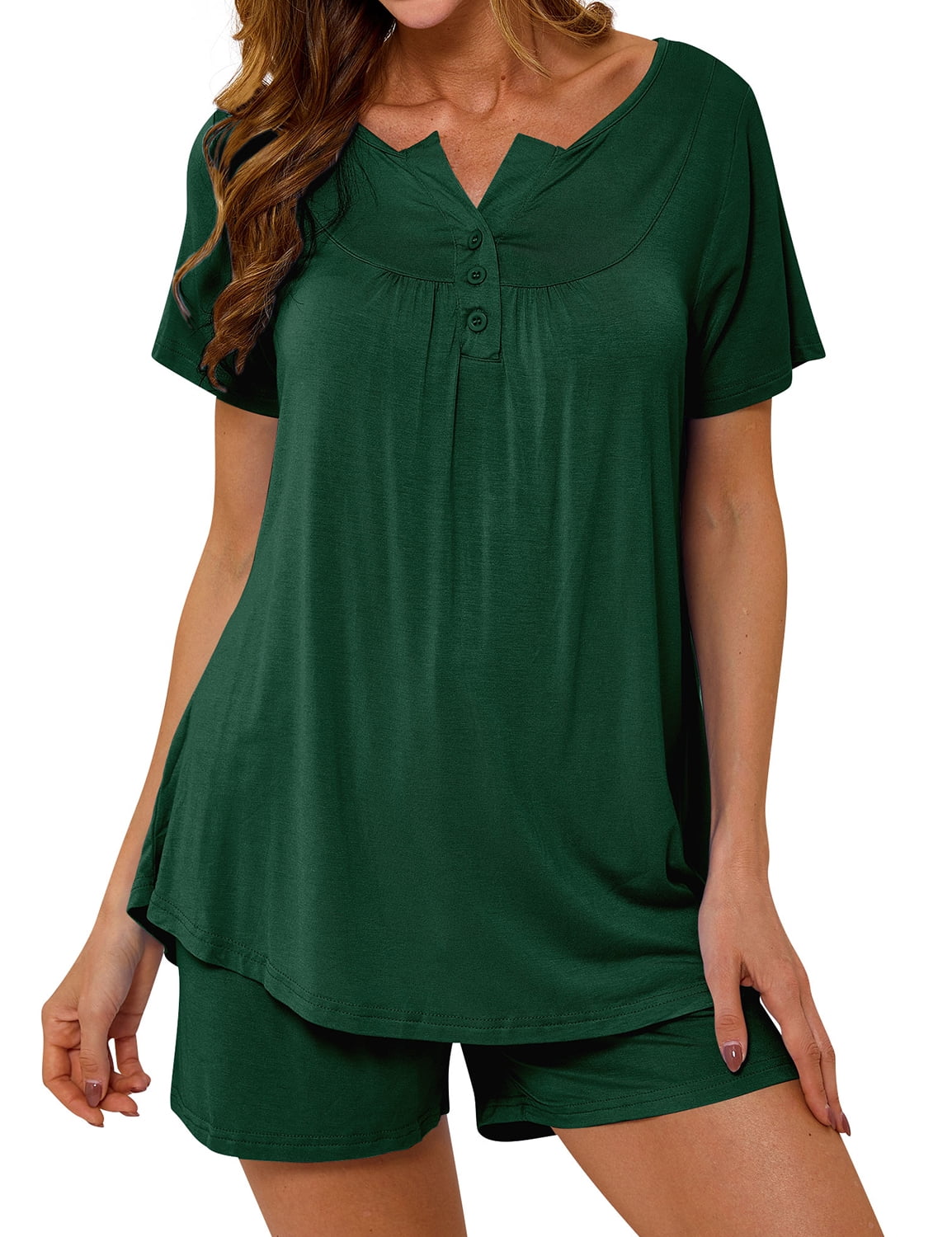 Women Solid Color V Neck Short Sleeve Button Sleepwear Set - Walmart.com