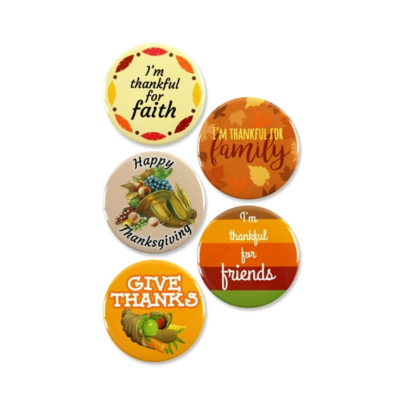 5 Pack - Thanksgiving Family Friends and Faith Pinback Buttons - 2.25 Inch