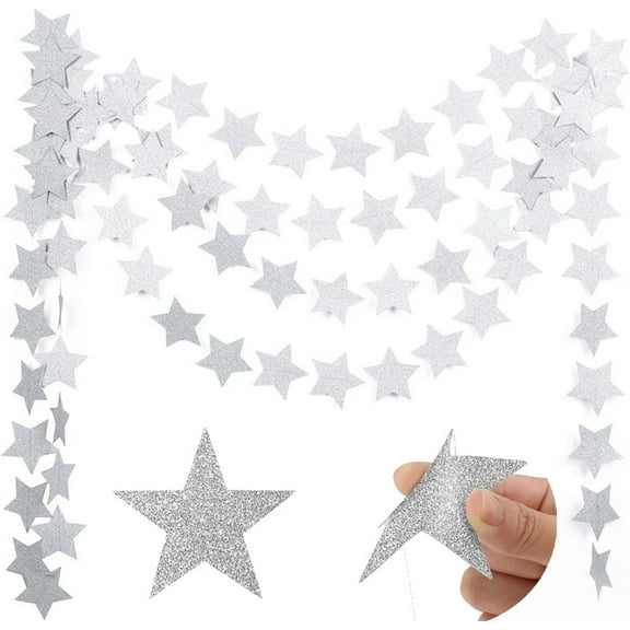 Silver Glitter Star Garland,Bexikou 52 ft Sparkling Paper Star Garland,Star Hanging Decoration,Twinkle Little Star Party Garlands for Birthday Wedding Theme Party Room Ramadan EID Decor