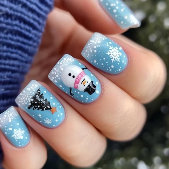 Zeiwohndc 24Pieces Press on Nail Winter Snowman Snowflake Design Blue Fake Nail