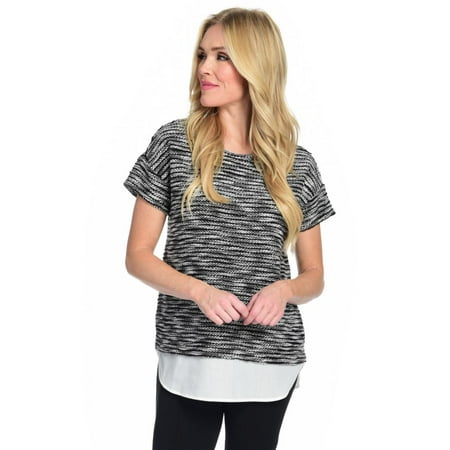 

Gramercy 22 Boucle Knit & Woven Shirttail Drop Shoulder Top